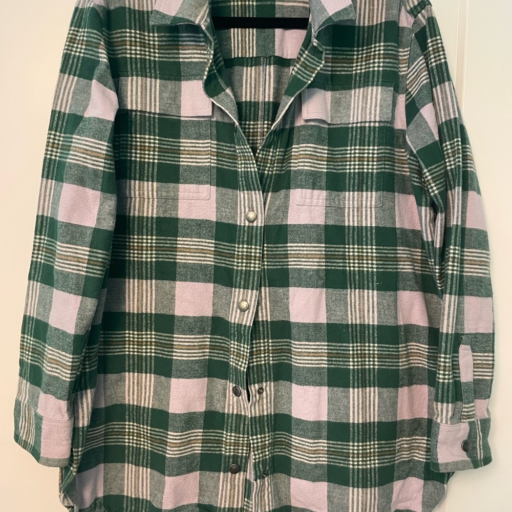 LL Bean Green and Purple Plaid Button-Up Shirt Long